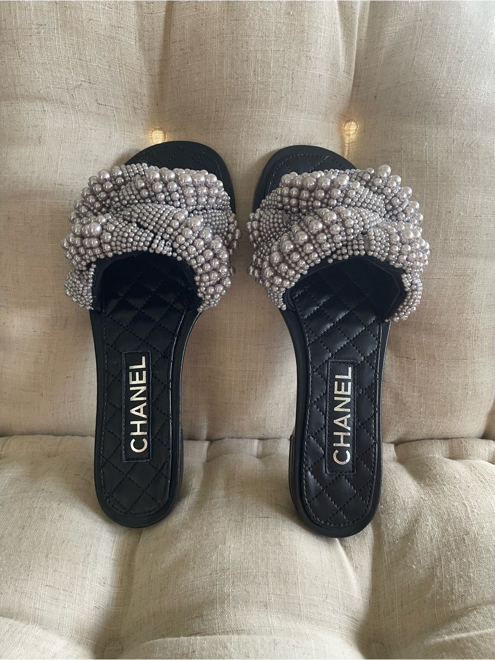 CHANEL Black Quilted Slide Mules with Silver Pearl Bead Straps sz39